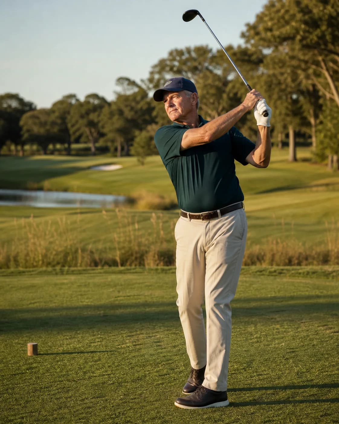A golfer in his early sixties mid-turn on a late-afternoon tee box.